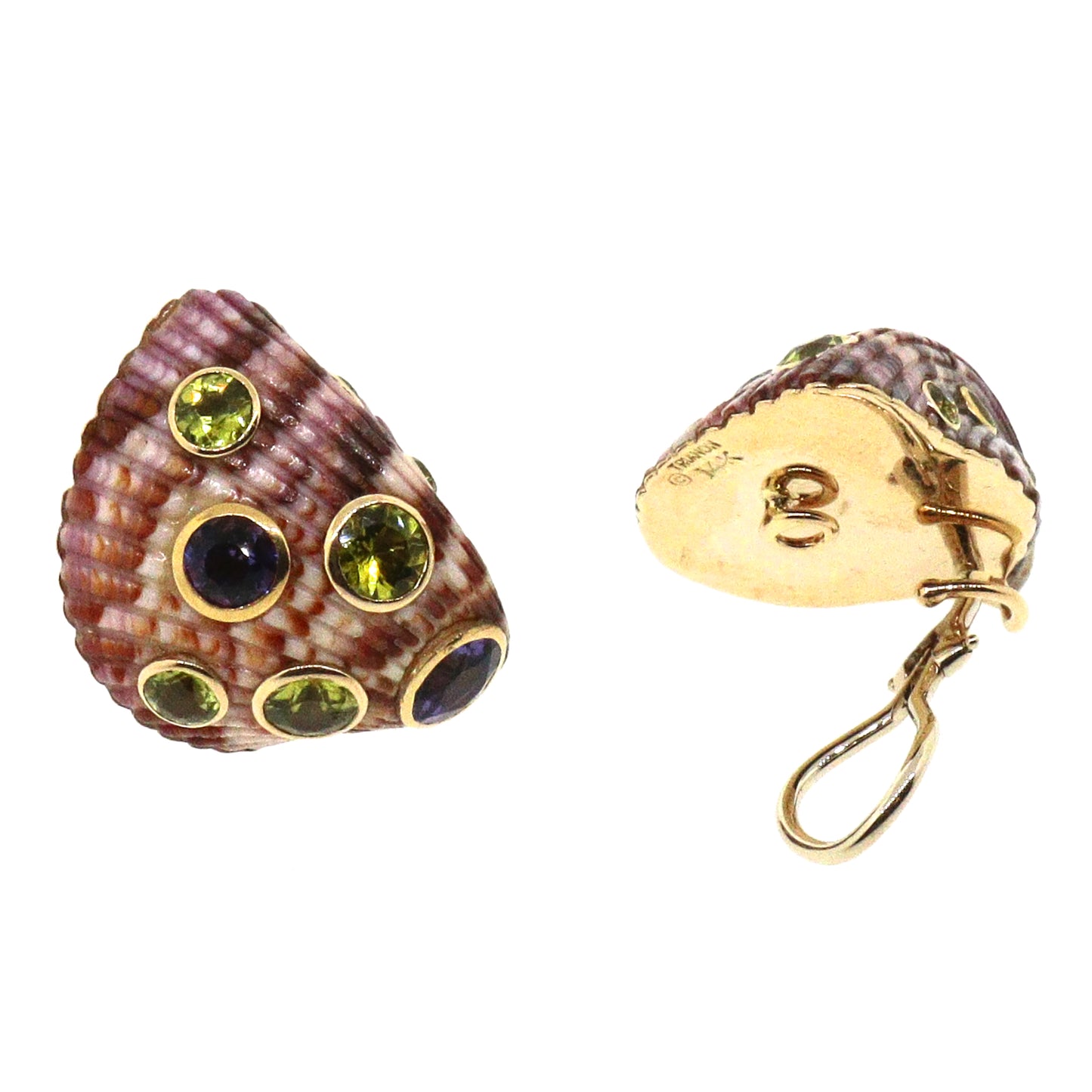 Trianon 18 kt Yellow Gold Sea Shell Amethyst and Peridot Clip-0n Earrings