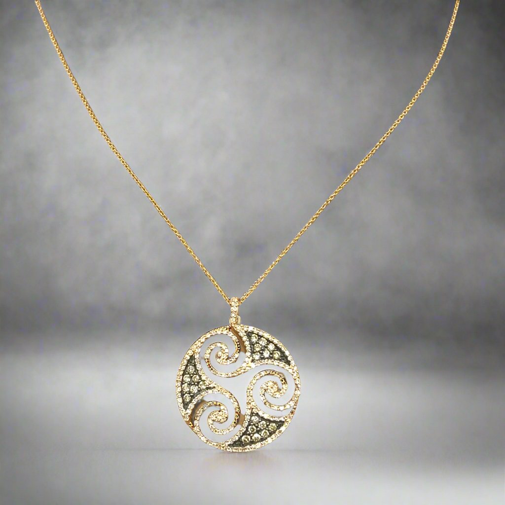 14k Rose Gold Brown and White Diamond Swirl Pendant Necklace