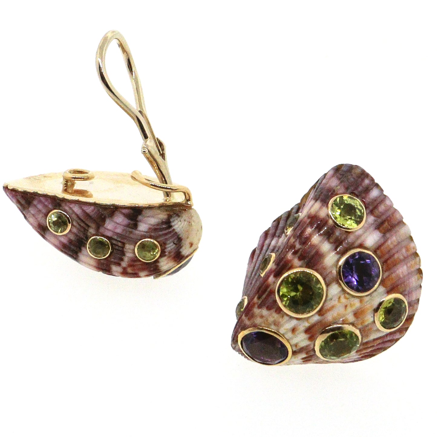 Trianon 18 kt Yellow Gold Sea Shell Amethyst and Peridot Clip-0n Earrings