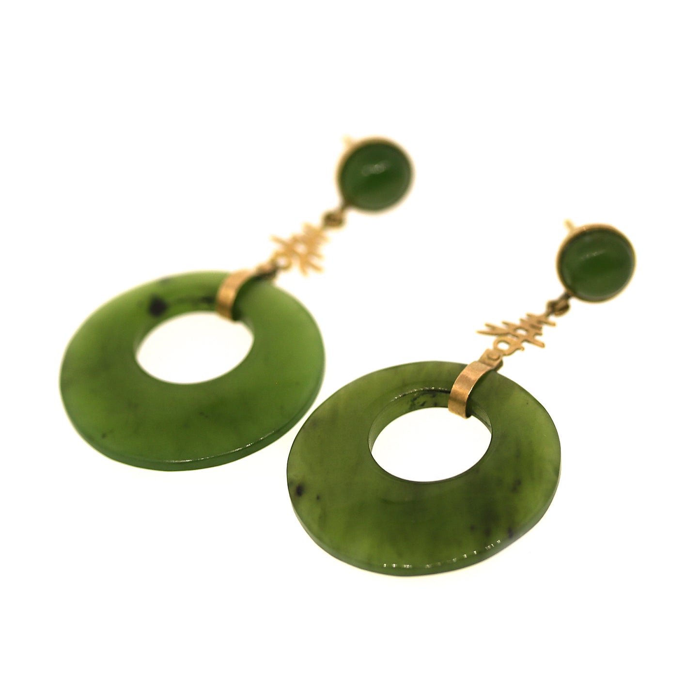 Jade Round Drop Gold Earrings with Eastern Characters