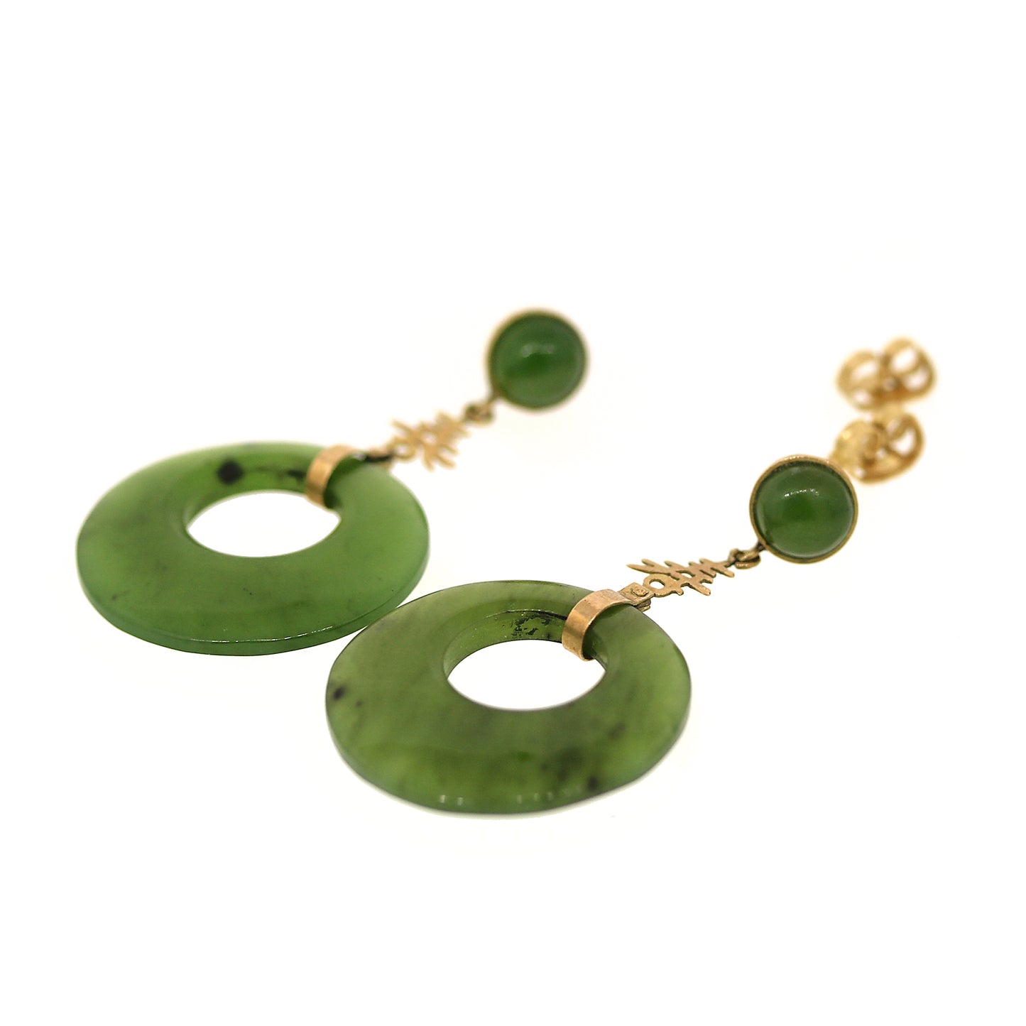 Jade Round Drop Gold Earrings with Eastern Characters