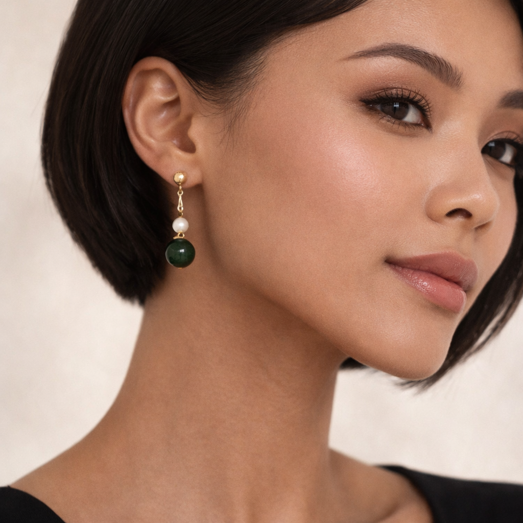14 kt Yellow Gold Pearl and Jade Hanging Earrings