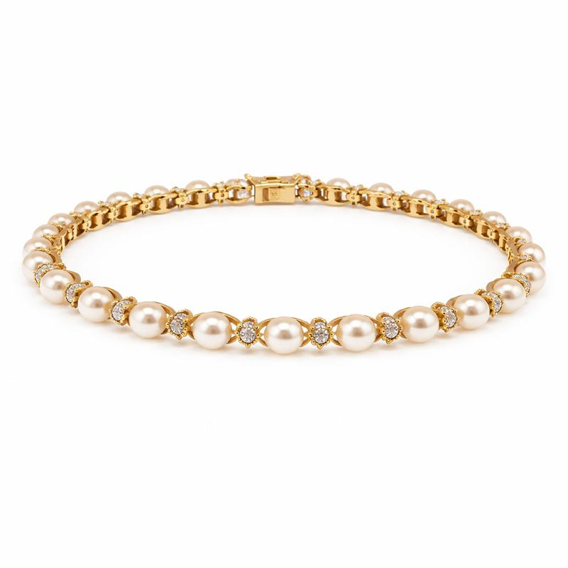 14k Yellow Gold Pearl and Diamond Delicate Bracelet
