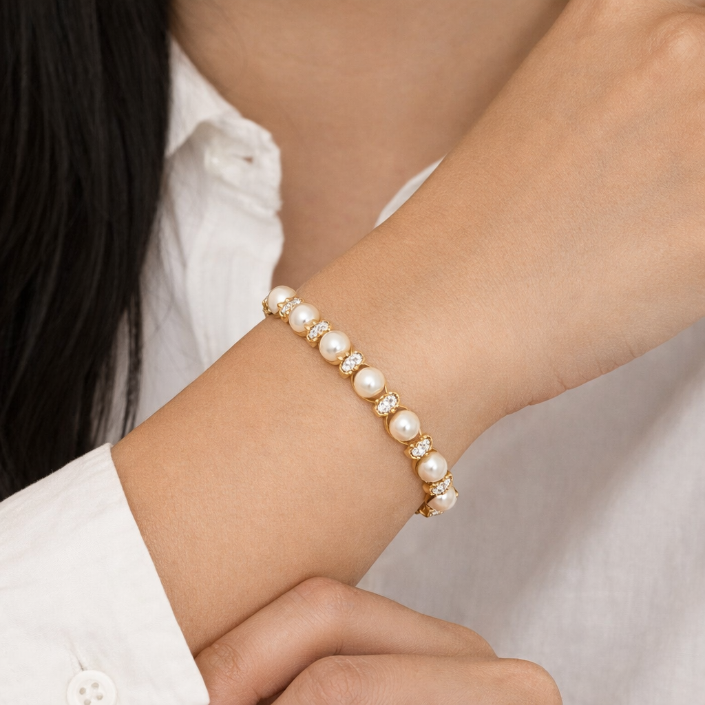 14k Yellow Gold Pearl and Diamond Delicate Bracelet