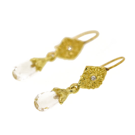 18 kt Yellow Gold White Topaz Briolet Drop Earrings