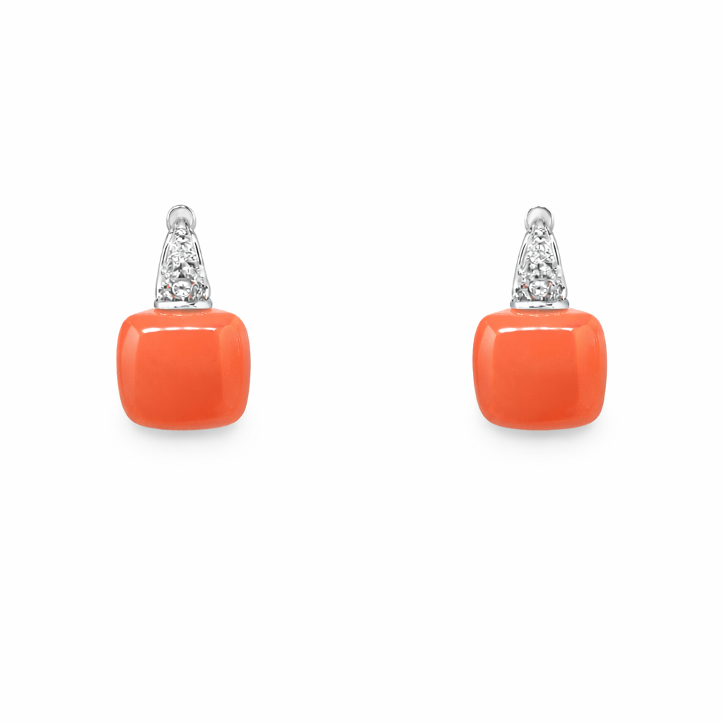 18k White Gold Coral and Diamond Hoop Earrings