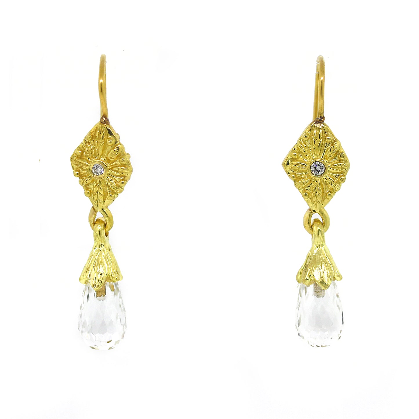18 kt Yellow Gold White Topaz Briolet Drop Earrings