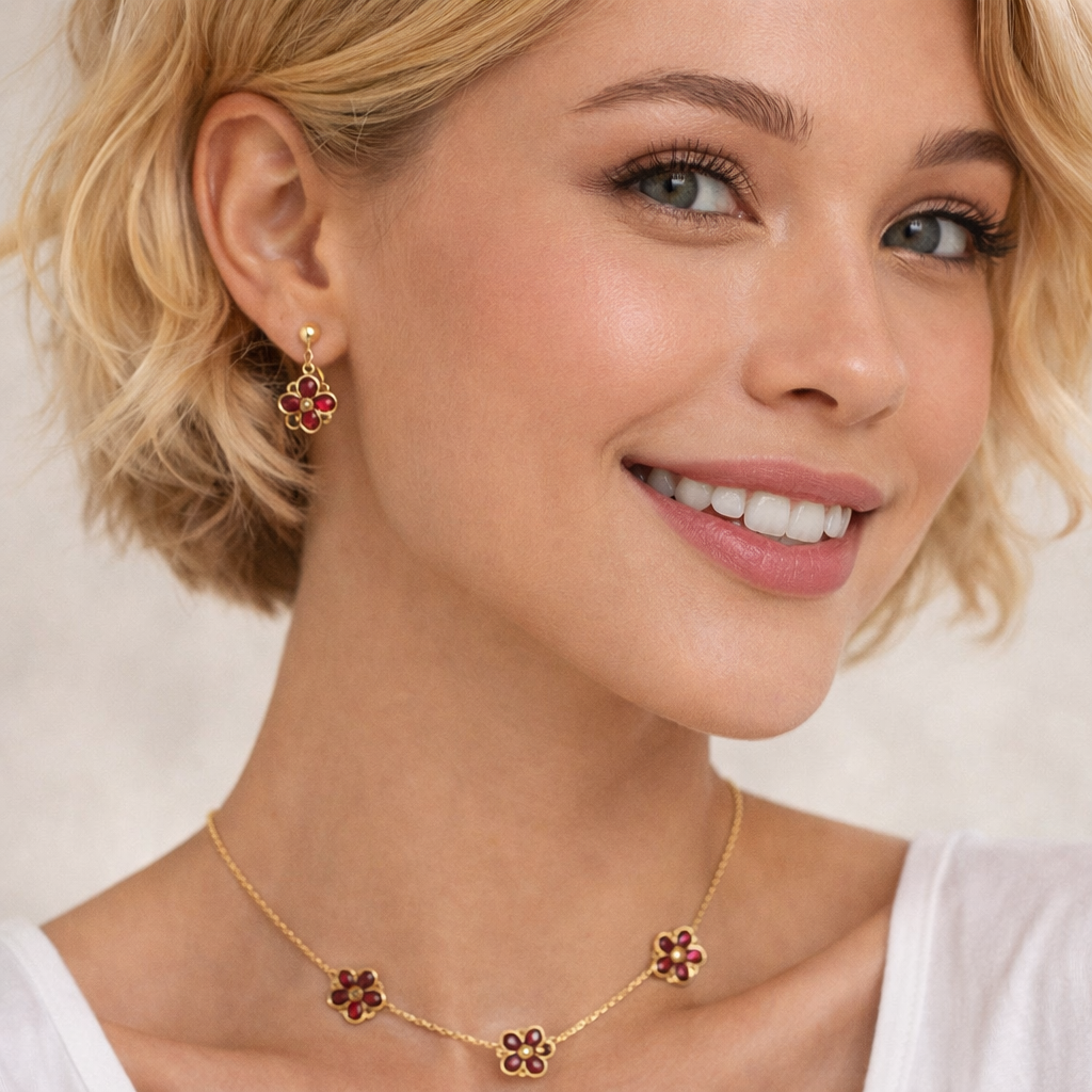 18k Yellow Gold Pink Tourmaline and Diamond Flowers - Necklace with Earrings Set