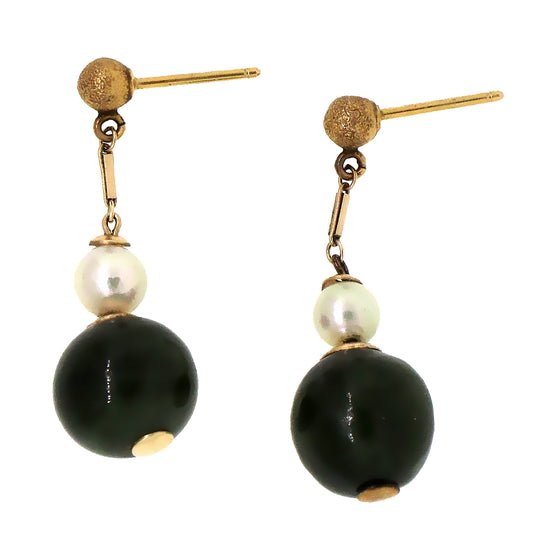 14 kt Yellow Gold Pearl and Jade Hanging Earrings