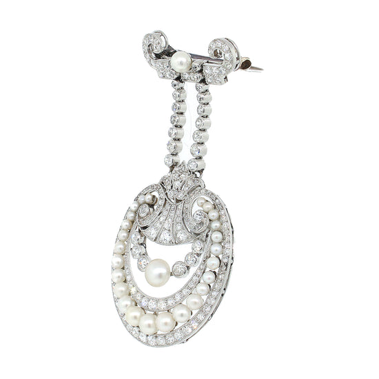 GIA Certified Natural Pearl and Diamond Platinum Brooch