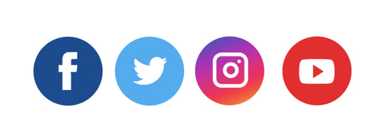Social media logos - Facebook, Twitter, Instagram, YouTube.