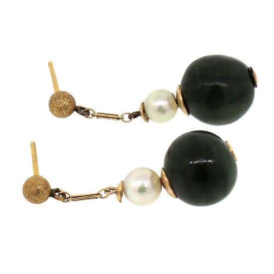 14 kt Yellow Gold Pearl and Jade Hanging Earrings