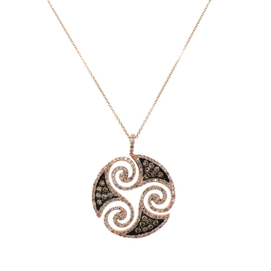 14k Rose Gold Brown and White Diamond Swirl Pendant Necklace