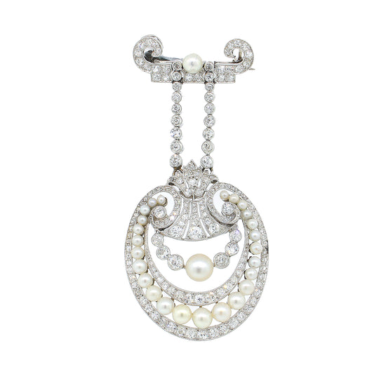 GIA Certified Natural Pearl and Diamond Platinum Brooch