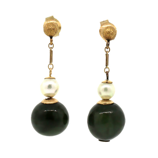 14 kt Yellow Gold Pearl and Jade Hanging Earrings