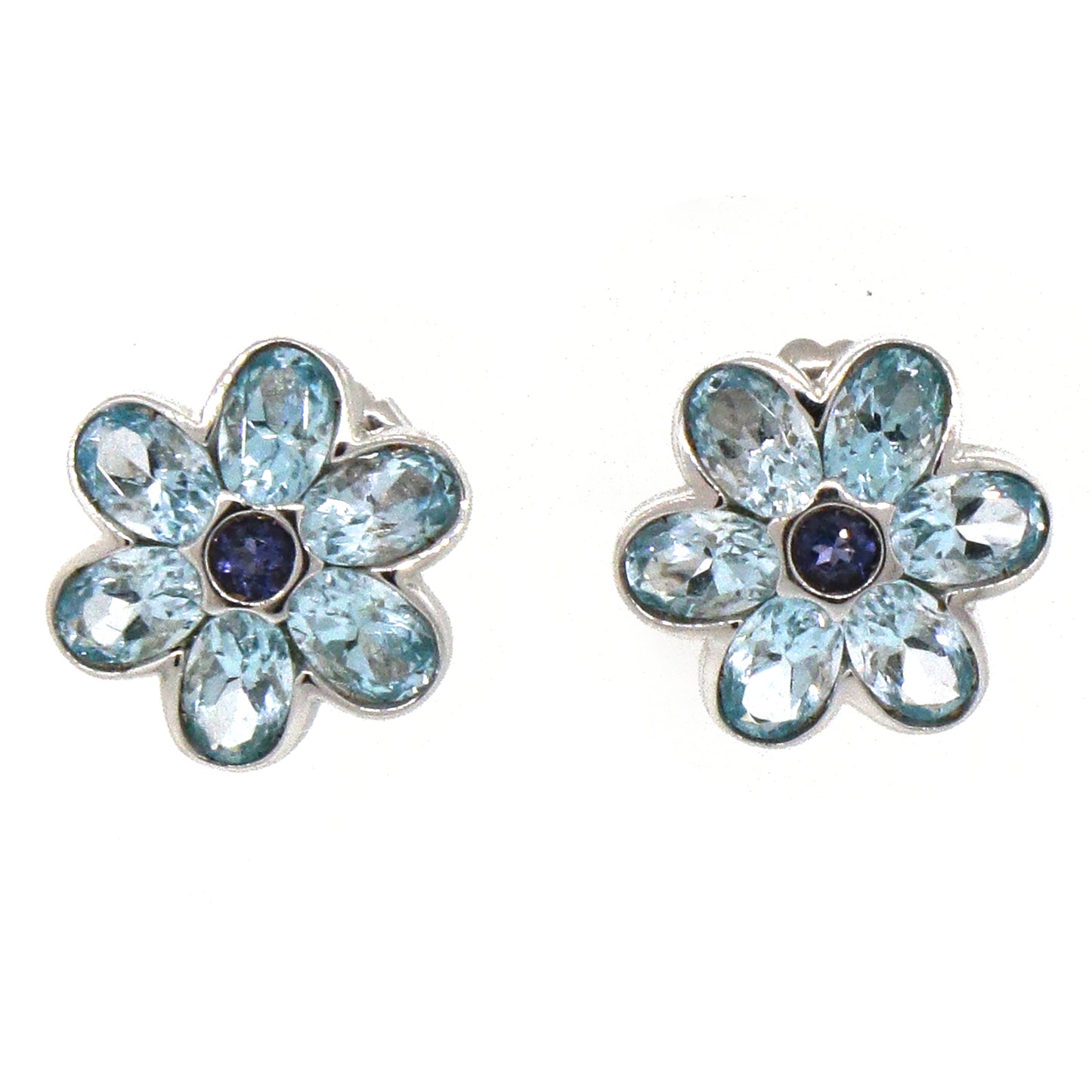 14k White Gold Blue Topaz and Sapphire Flower Earrings