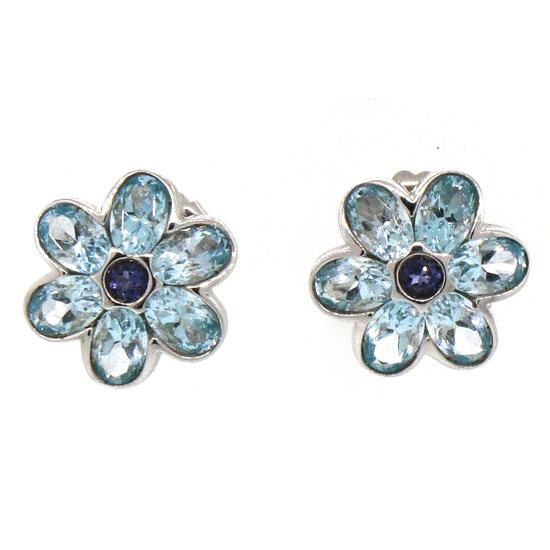 14k White Gold Blue Topaz and Sapphire Flower Earrings