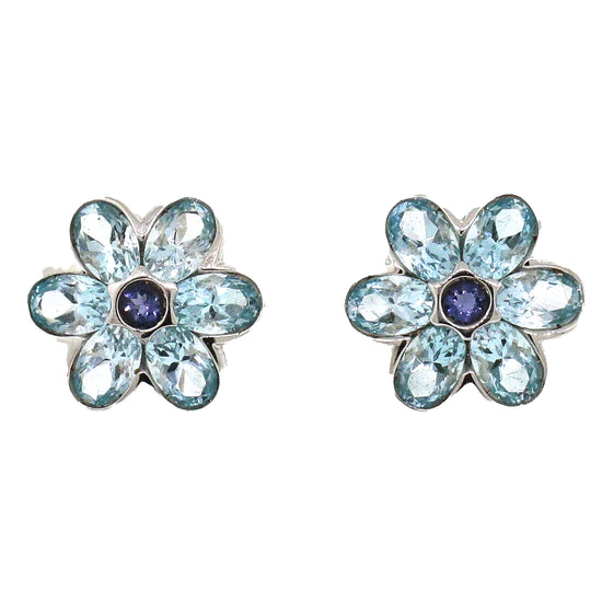 14k White Gold Blue Topaz and Sapphire Flower Earrings