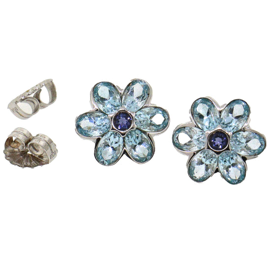 14k White Gold Blue Topaz and Sapphire Flower Earrings