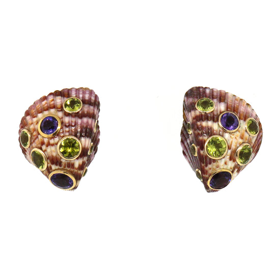 Trianon 18 kt Yellow Gold Sea Shell Amethyst and Peridot Clip-0n Earrings