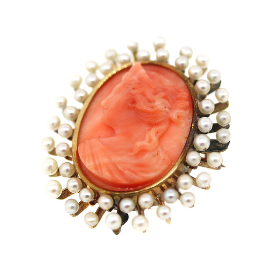 Vintage Coral and Seed Pearl Pendant Pin