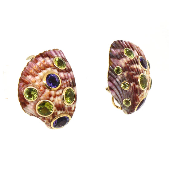 Trianon 18 kt Yellow Gold Sea Shell Amethyst and Peridot Clip-0n Earrings