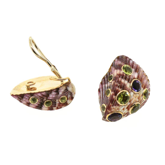 Trianon 18 kt Yellow Gold Sea Shell Amethyst and Peridot Clip-0n Earrings