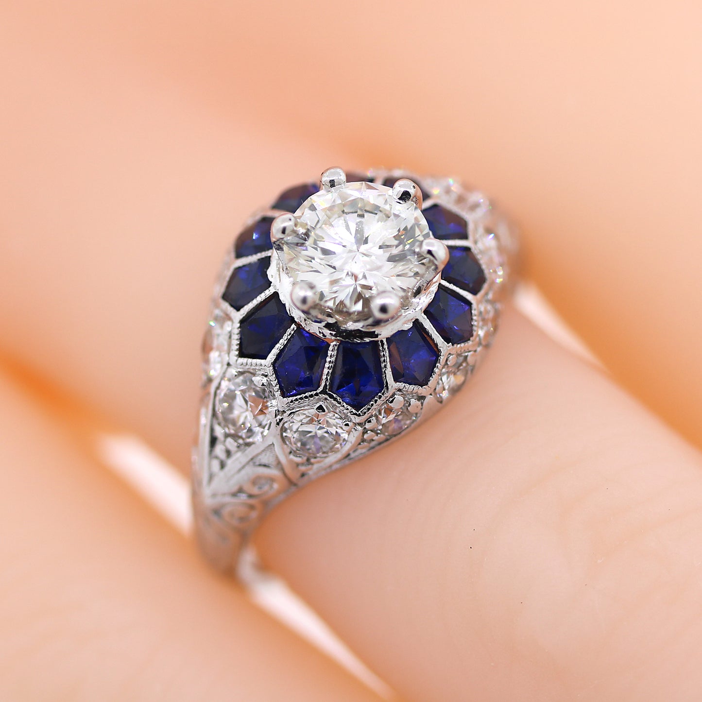 Platinum Art Deco Style Sapphire and Diamond Engagement Ring Size 7.25