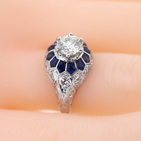 Platinum Art Deco Style Sapphire and Diamond Engagement Ring Size 7.25