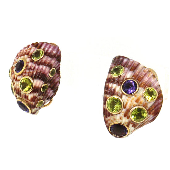 Trianon 18 kt Yellow Gold Sea Shell Amethyst and Peridot Clip-0n Earrings