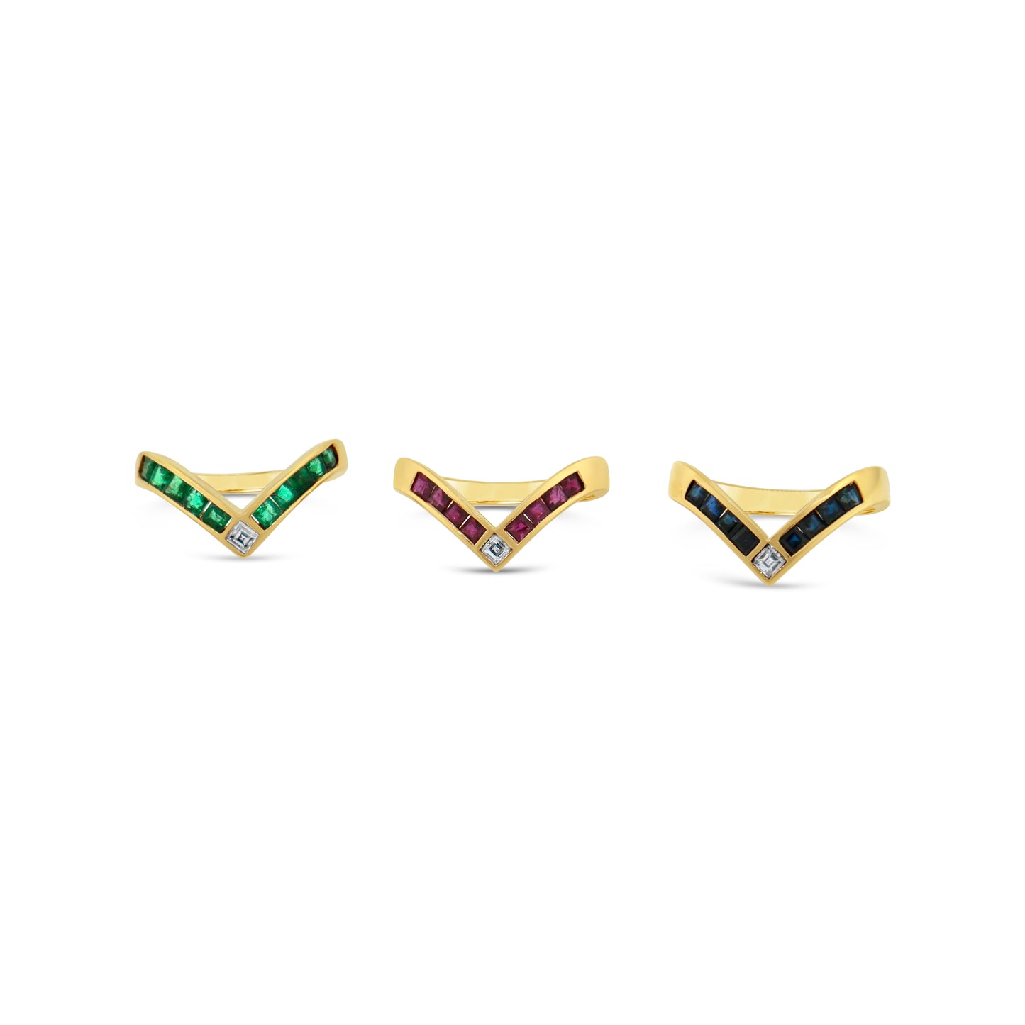 Chevron Diamond and Multi-Precious Gems Stackable Rings - Set of 3