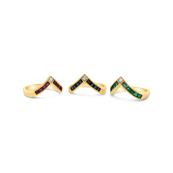 Chevron Diamond and Multi-Precious Gems Stackable Rings - Set of 3