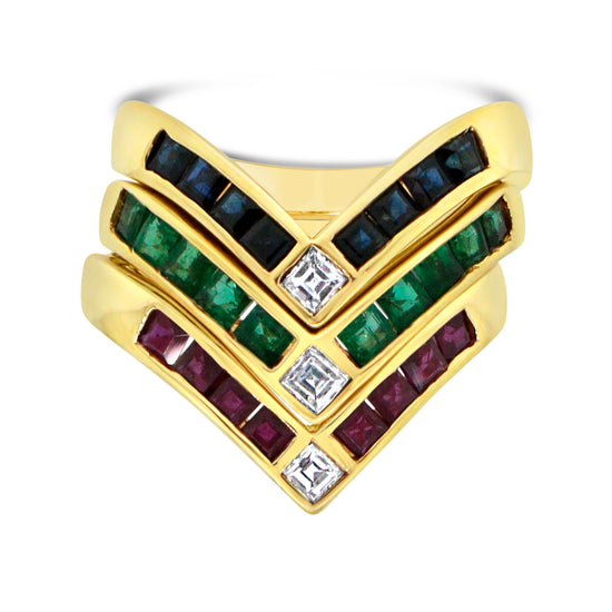 Chevron Diamond and Multi-Precious Gems Stackable Rings - Set of 3