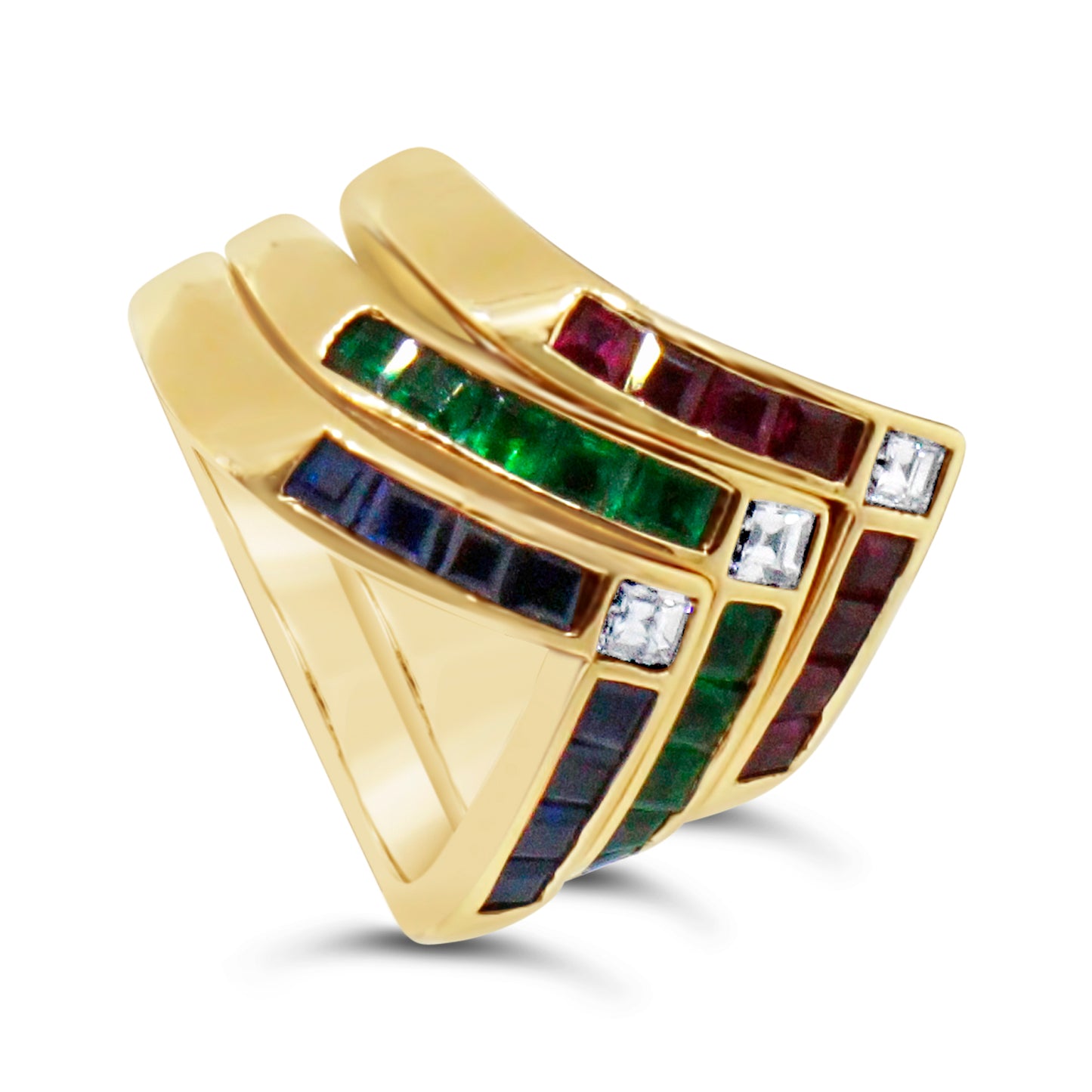 Chevron Diamond and Multi-Precious Gems Stackable Rings - Set of 3