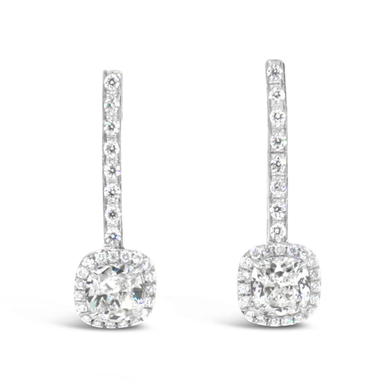 18k White Gold Cushion Cut Diamond Hanging Earrings