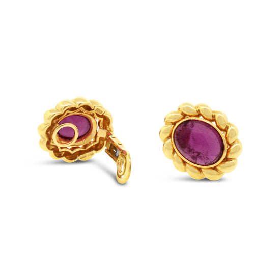 18k Yellow Gold Pink Tourmaline Cabochon Clip-on Earrings