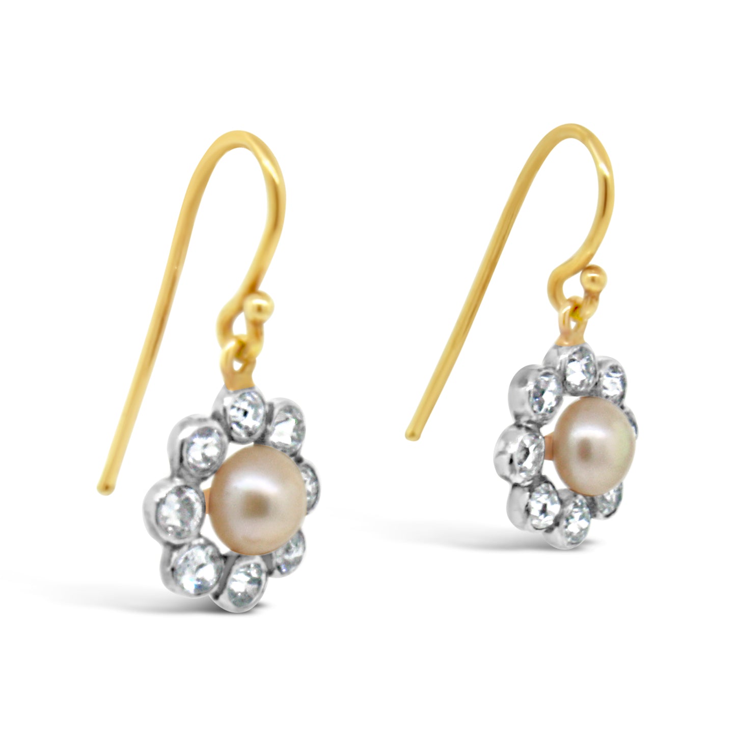 Sweetheart 14kt Yellow Gold with Pearl and Old Mine Cut Diamond Hanging Earrings
