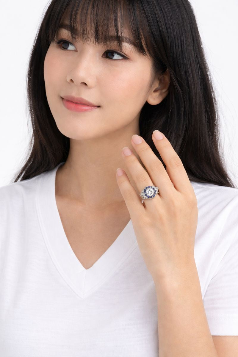 Platinum Art Deco Style Sapphire and GIA Certified Diamond Engagement Ring