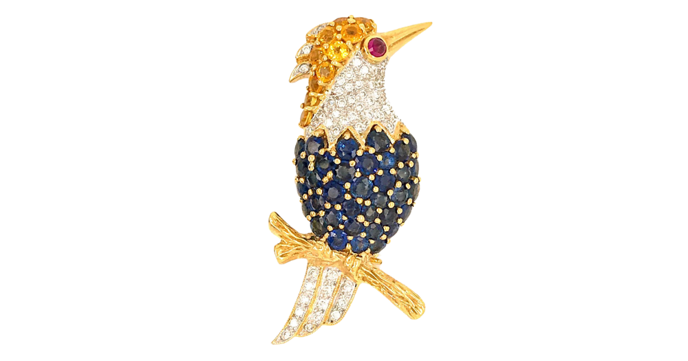 18K YELLOW GOLD SAPPHIRE AND DIAMOND WOODPECKER PIN