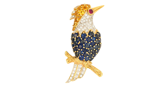 18K YELLOW GOLD SAPPHIRE AND DIAMOND WOODPECKER PIN