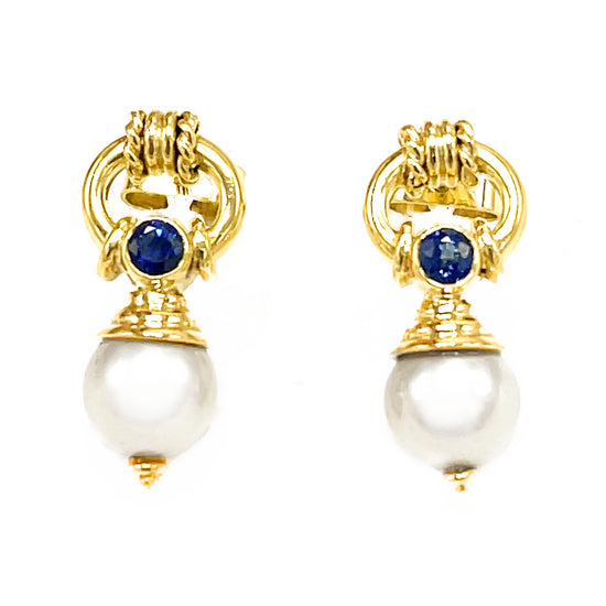 Pearls and Sapphire Dangle Estate Earrings