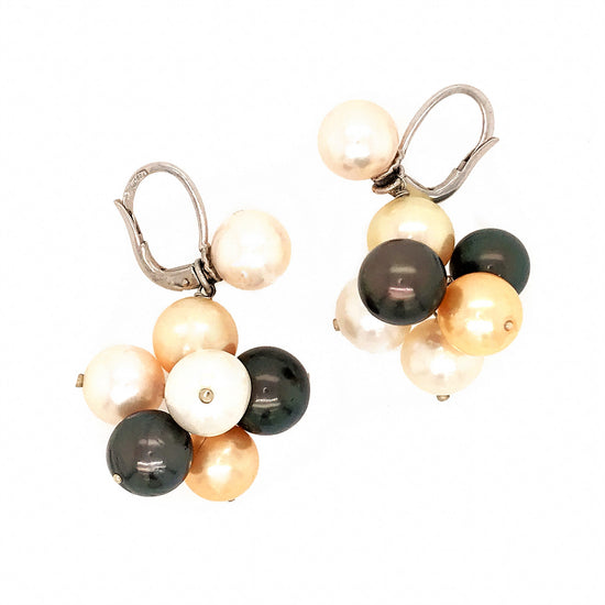 18K White Gold Cluster Multi-Color Pearl Earrings