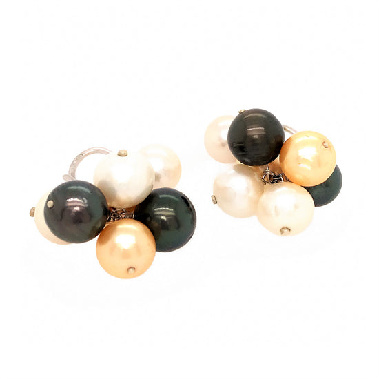 18K White Gold Cluster Multi-Color Pearl Earrings