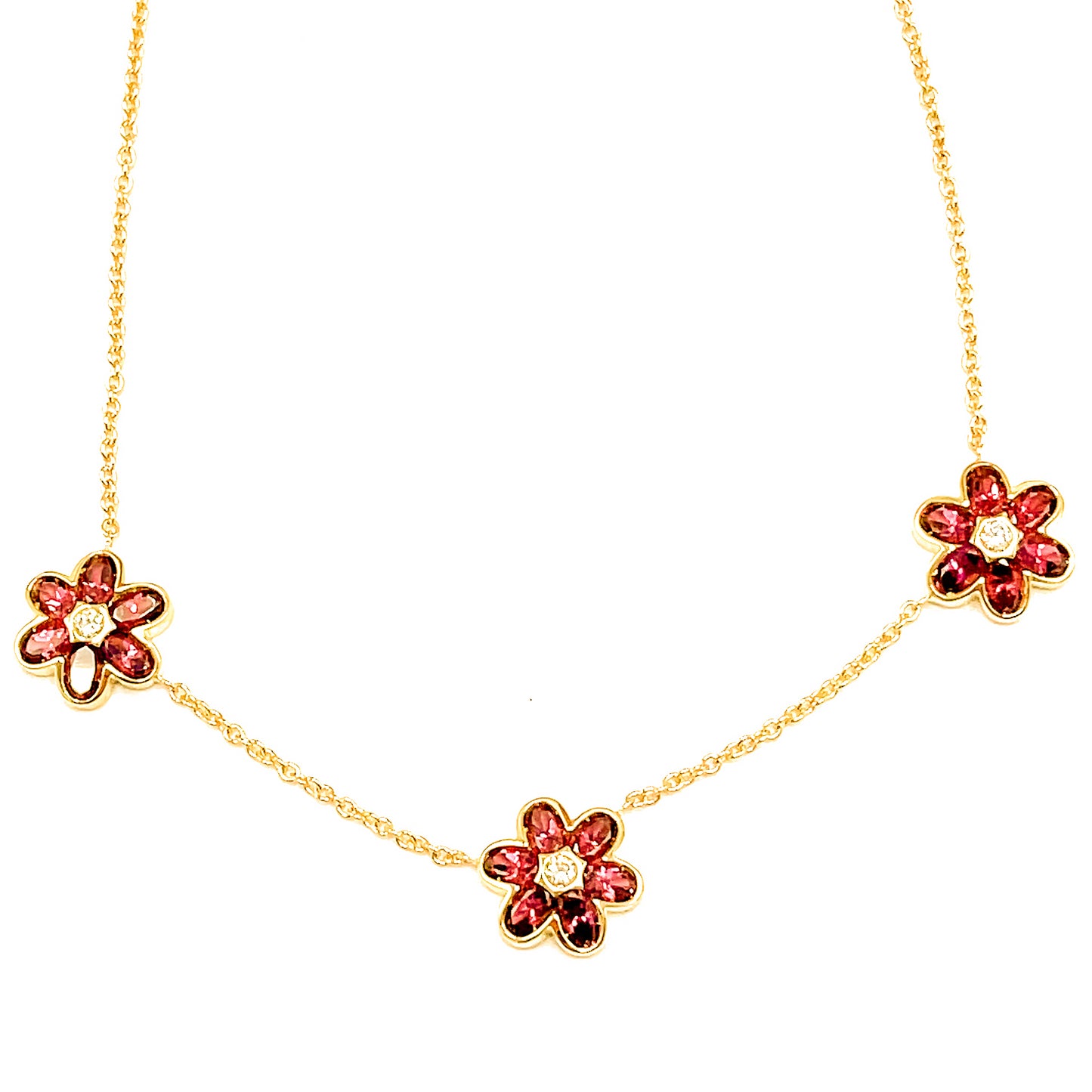 18 kt Yellow Gold Pink Tourmaline and Diamond Flowers - Necklace with Earrings Set