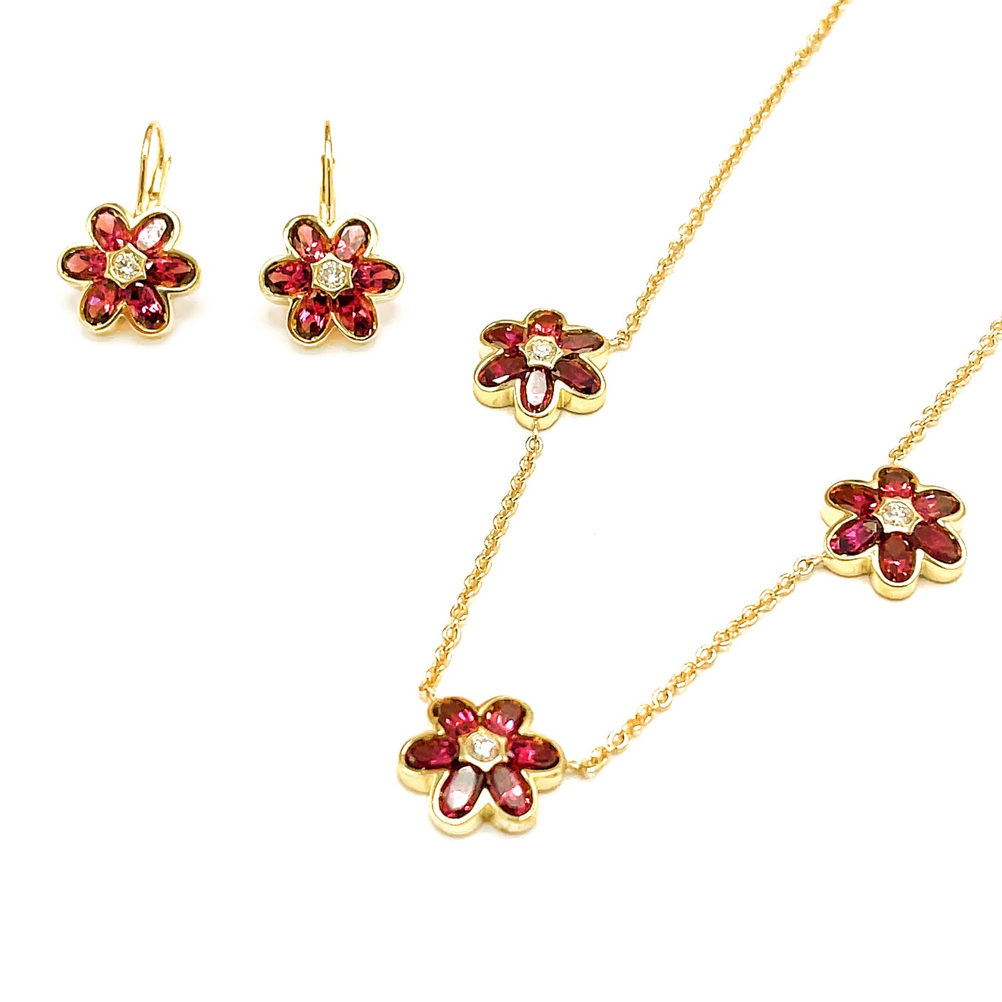 18 kt Yellow Gold Pink Tourmaline and Diamond Flowers - Necklace with Earrings Set