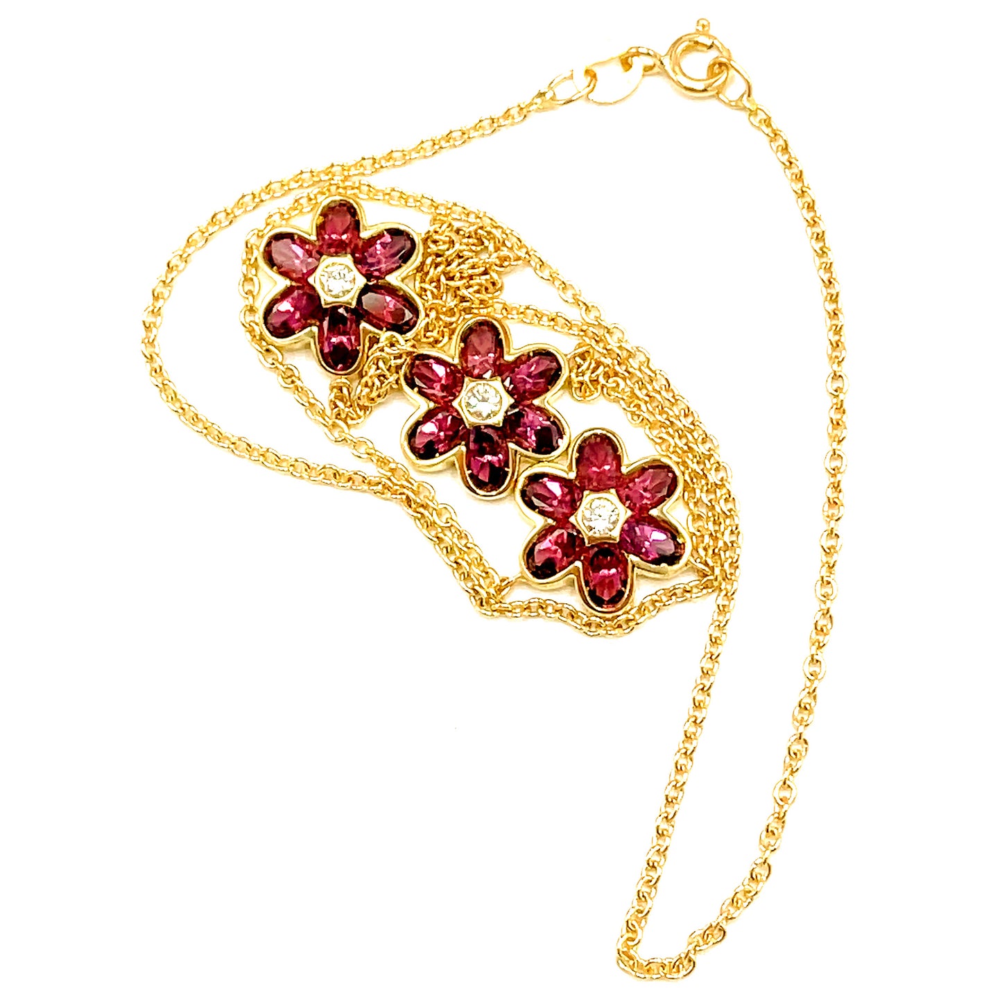 18 kt Yellow Gold Pink Tourmaline and Diamond Flowers - Necklace with Earrings Set 