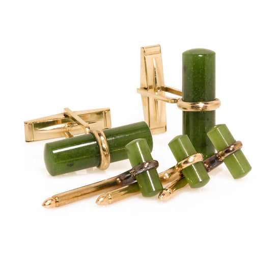 Estate 14K Yellow Gold Jade Cufflinks and Shirt Studs Set