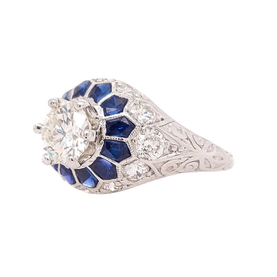 Platinum Art Deco Style Sapphire and Diamond Engagement Ring