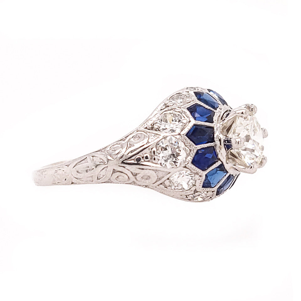 Platinum Art Deco Style Sapphire and Diamond Engagement Ring