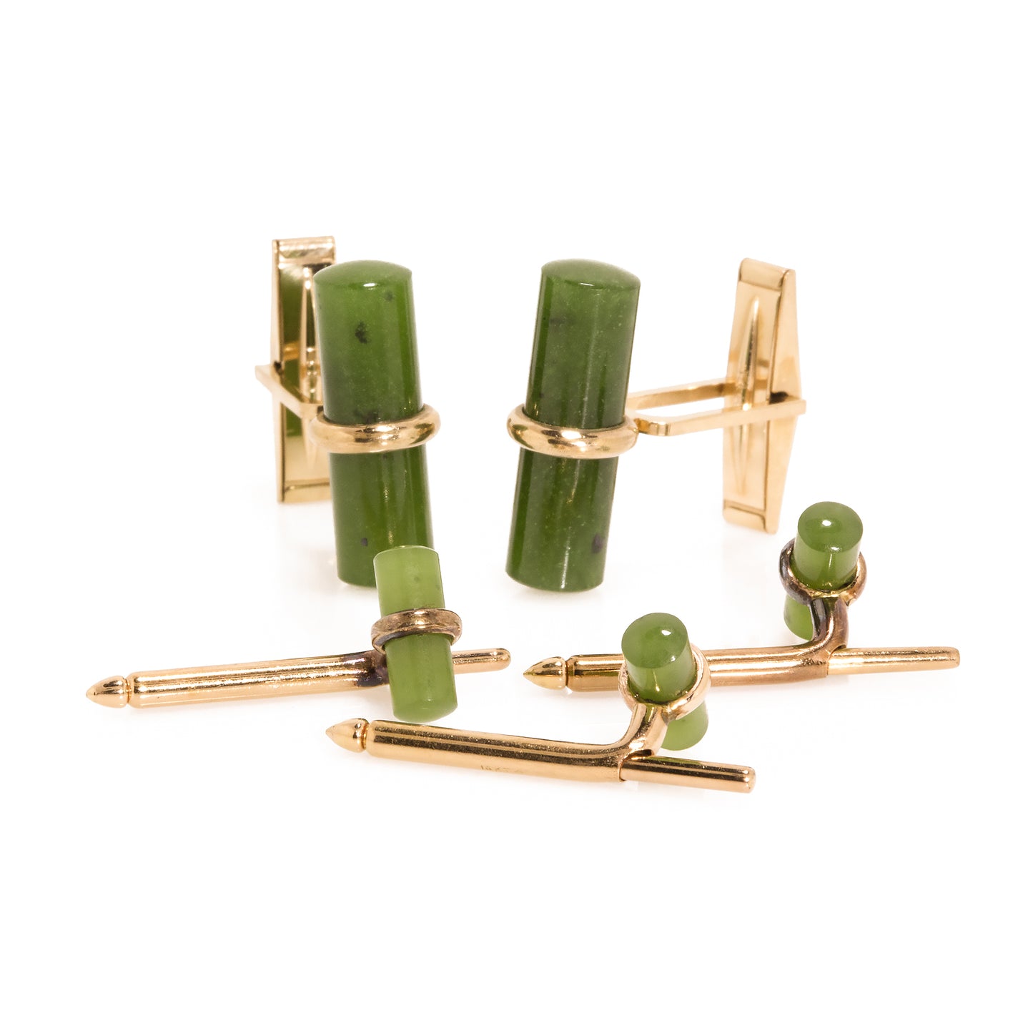 Estate 14K Yellow Gold Jade Cufflinks and Shirt Studs Set